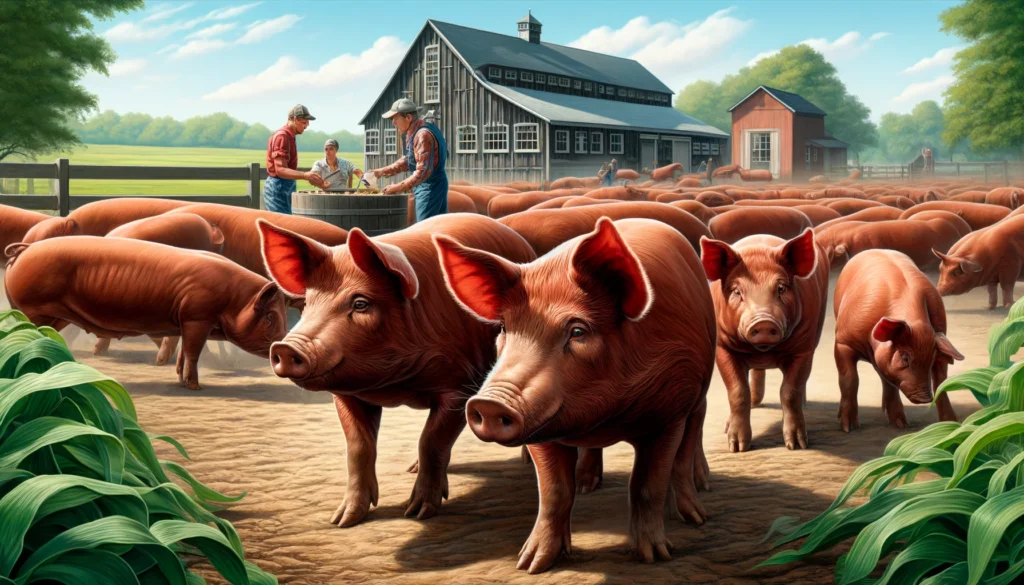 Duroc Hog Farming A detailed and photorealistic illustration of farming Duroc hogs. The scene features a group of Duroc hogs, recognizable by their reddish brown color, (1)